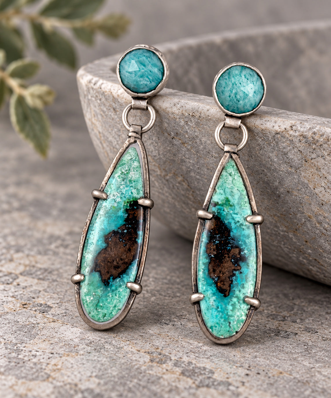 Sterling silver earrings with round blue stones and elongated turquoise opalized wood inlays
