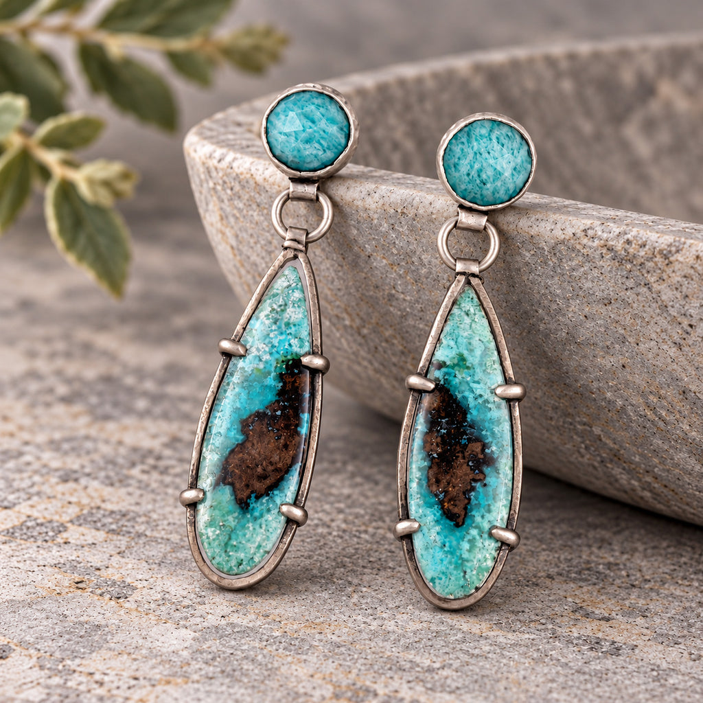 Sterling silver drop earrings with round turquoise stones and elongated blue opalized wood inlays