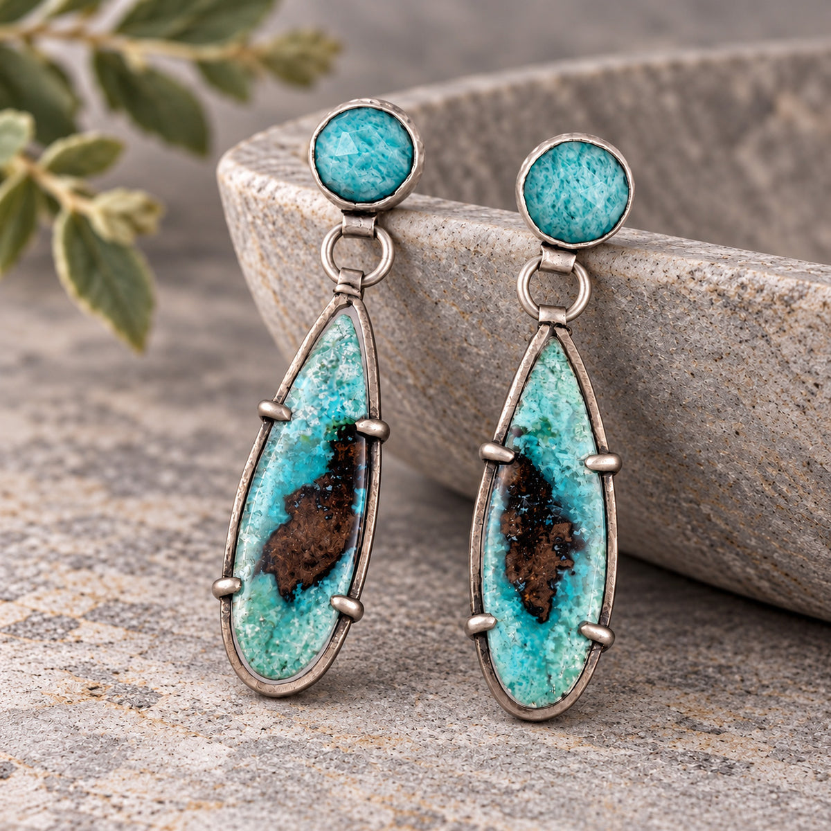Sterling silver drop earrings with round turquoise stones and elongated blue opalized wood inlays