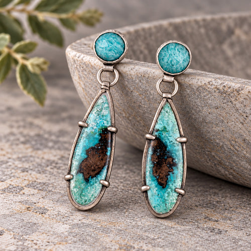 Sterling silver drop earrings with round turquoise stones and elongated blue opalized wood inlays