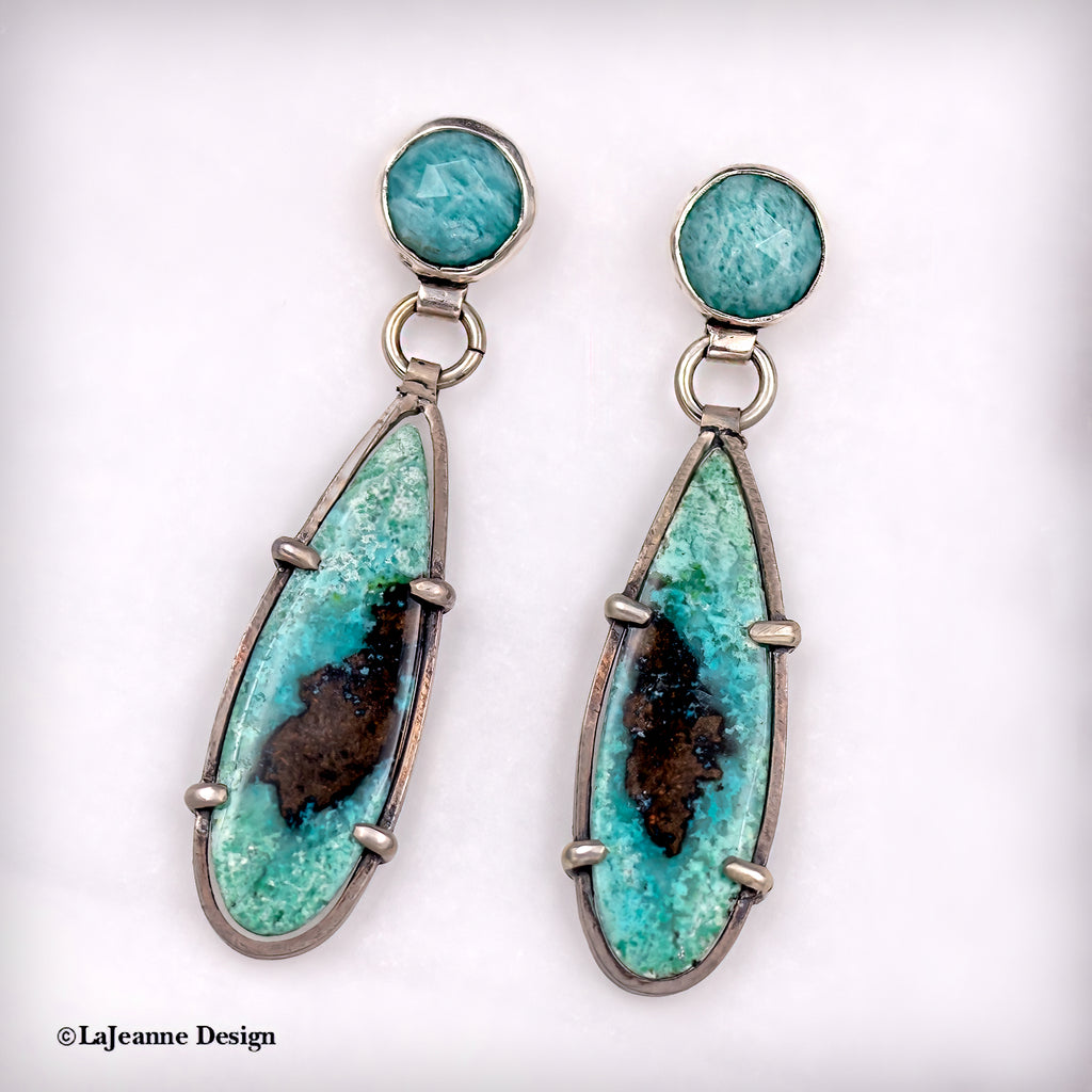 Pair of silver drop earrings with round blue stones and turquoise opalized wood inlays