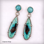 Pair of silver drop earrings with round blue stones and turquoise opalized wood inlays