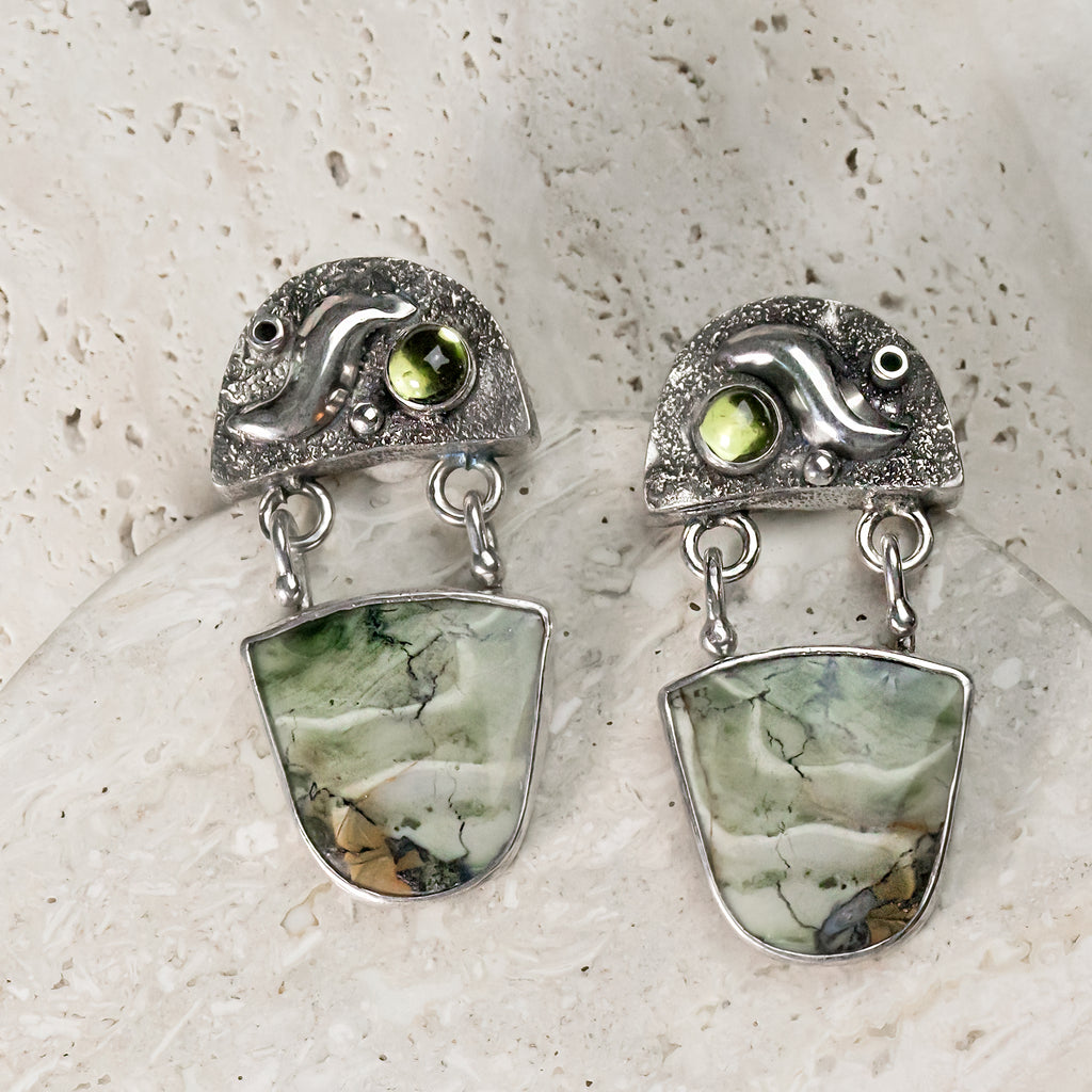 Green Opalized Wood & Prehnite Sterling Silver Earrings