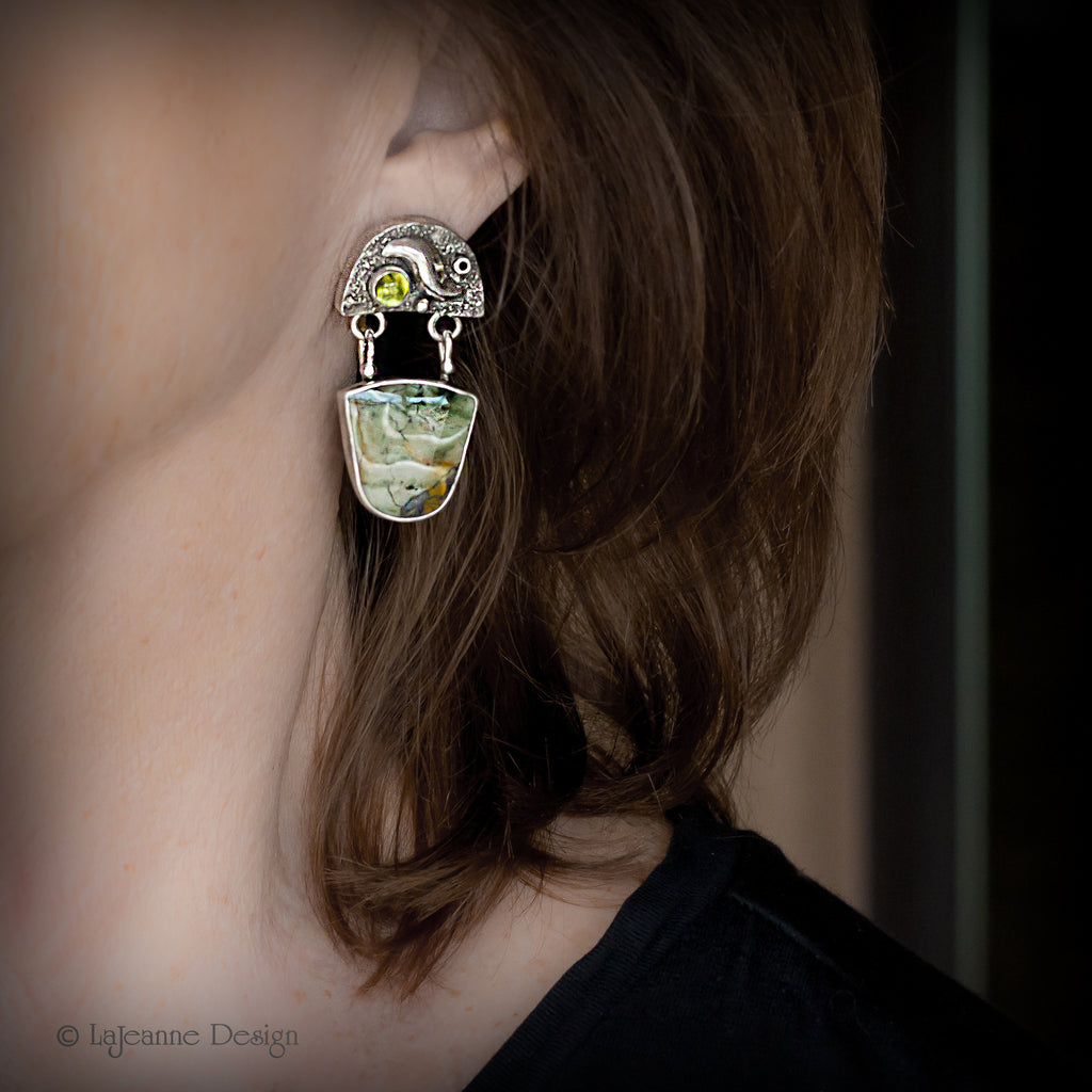 Green Opalized Wood & Prehnite Sterling Silver Earrings