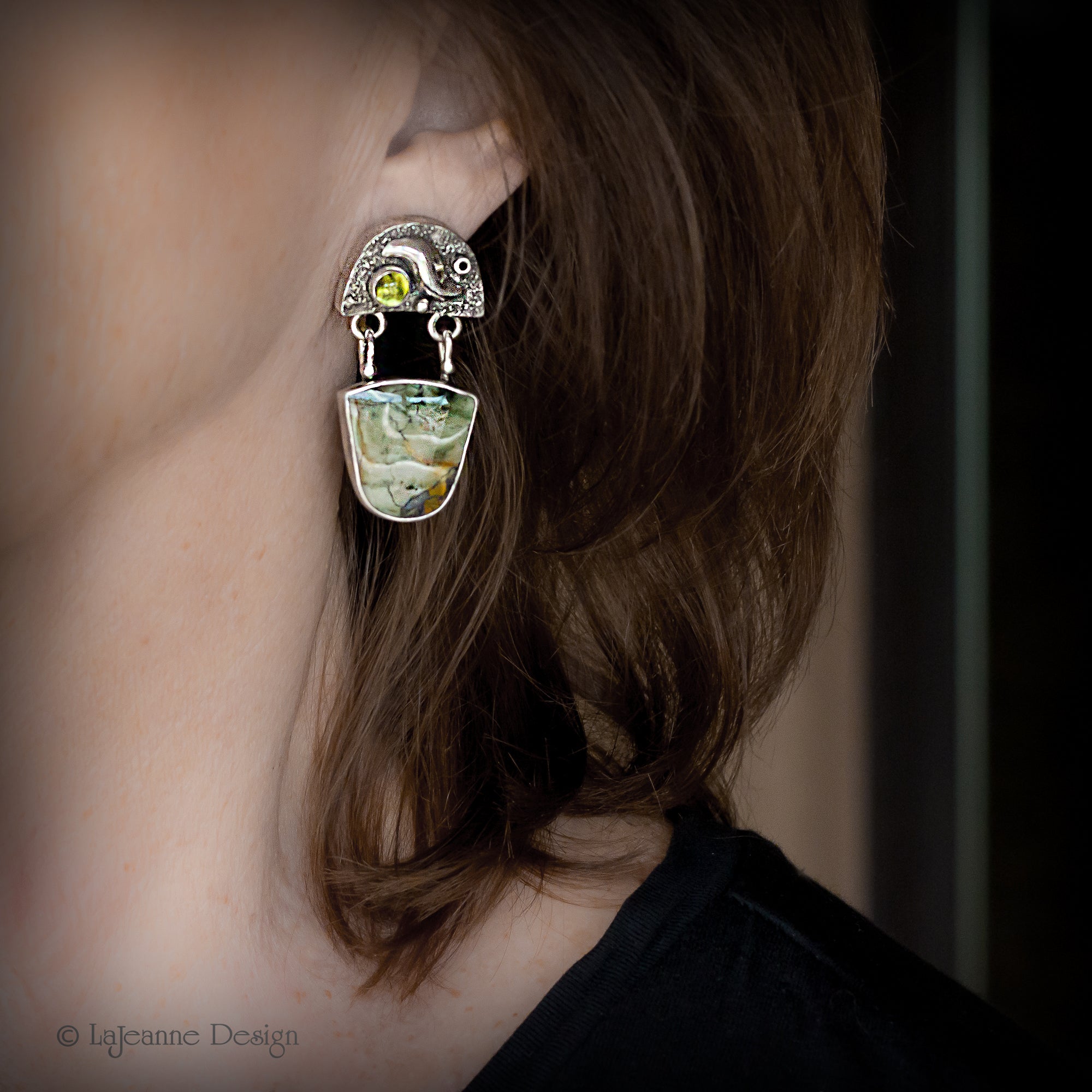 Green Opalized Wood & Prehnite Sterling Silver Earrings