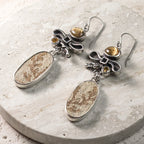 Dendritic Limestone and Golden Rutilated Quartz Sterling Silver Earrings