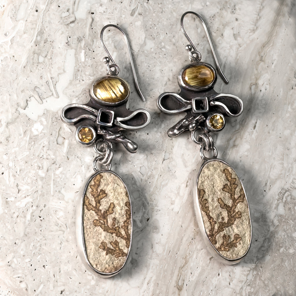 Dendritic Limestone and Golden Rutilated Quartz Sterling Silver Earrings