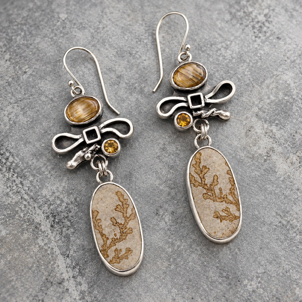 Sterling silver drop earrings with dendritic limestone, golden rutilated quartz, and amber accents