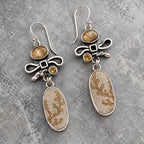 Sterling silver drop earrings with dendritic limestone, golden rutilated quartz, and amber accents
