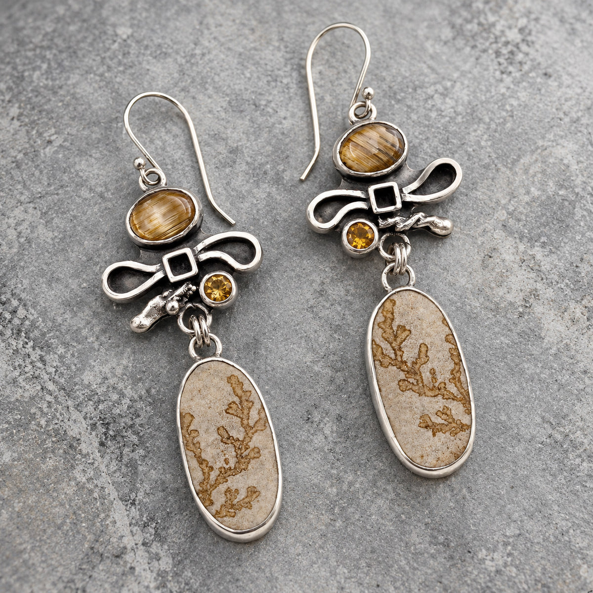 Sterling silver drop earrings with dendritic limestone, golden rutilated quartz, and amber accents