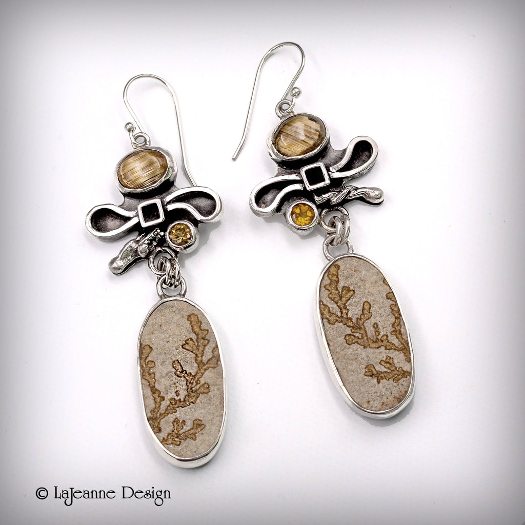 Dendritic Limestone and Golden Rutilated Quartz Sterling Silver Earrings