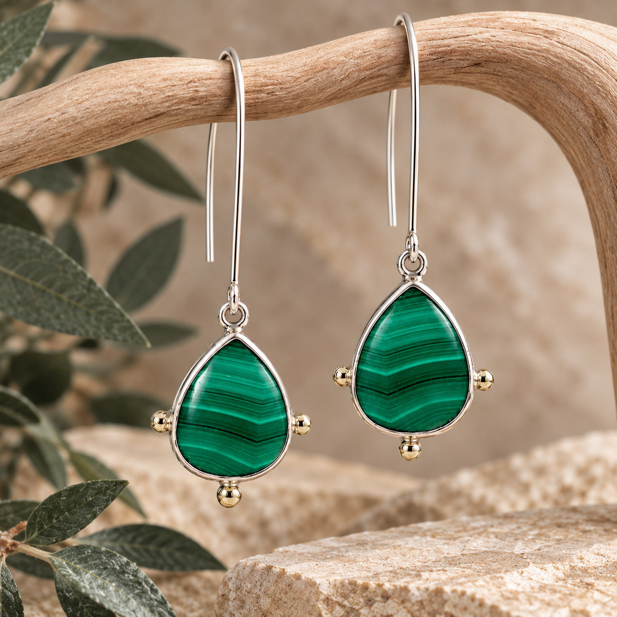 Malachite drop earrings with green banded teardrop stones, sterling silver hooks and gold accents