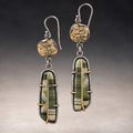 Ricolite intarsia drop earrings with gold-flecked tops and green stone pendants in sterling silver