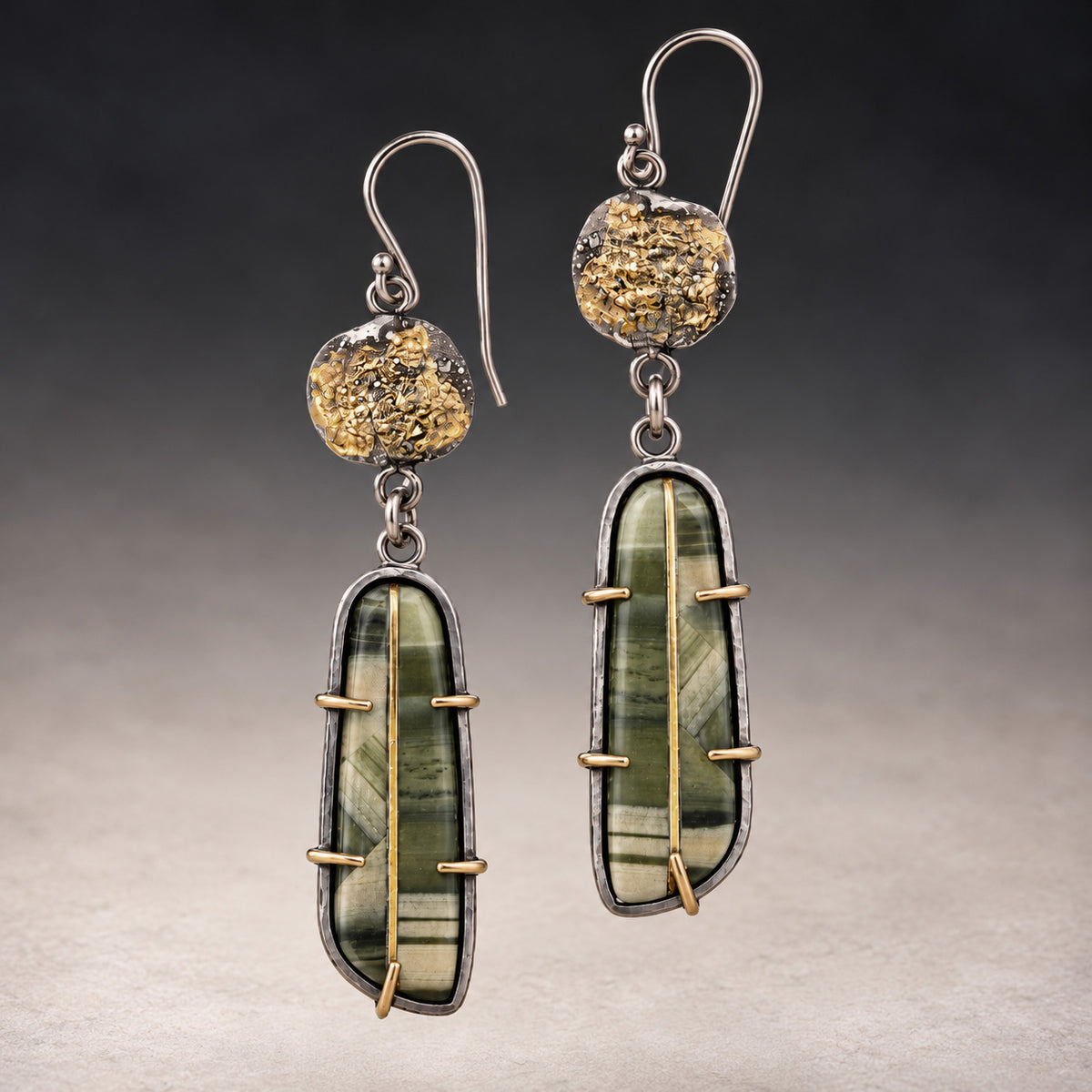 Ricolite intarsia drop earrings with gold-flecked tops and green stone pendants in sterling silver