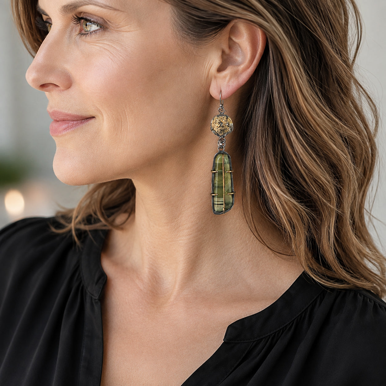 Ricolite Intarsia, 18K & 24K Gold Sterling Silver Earrings