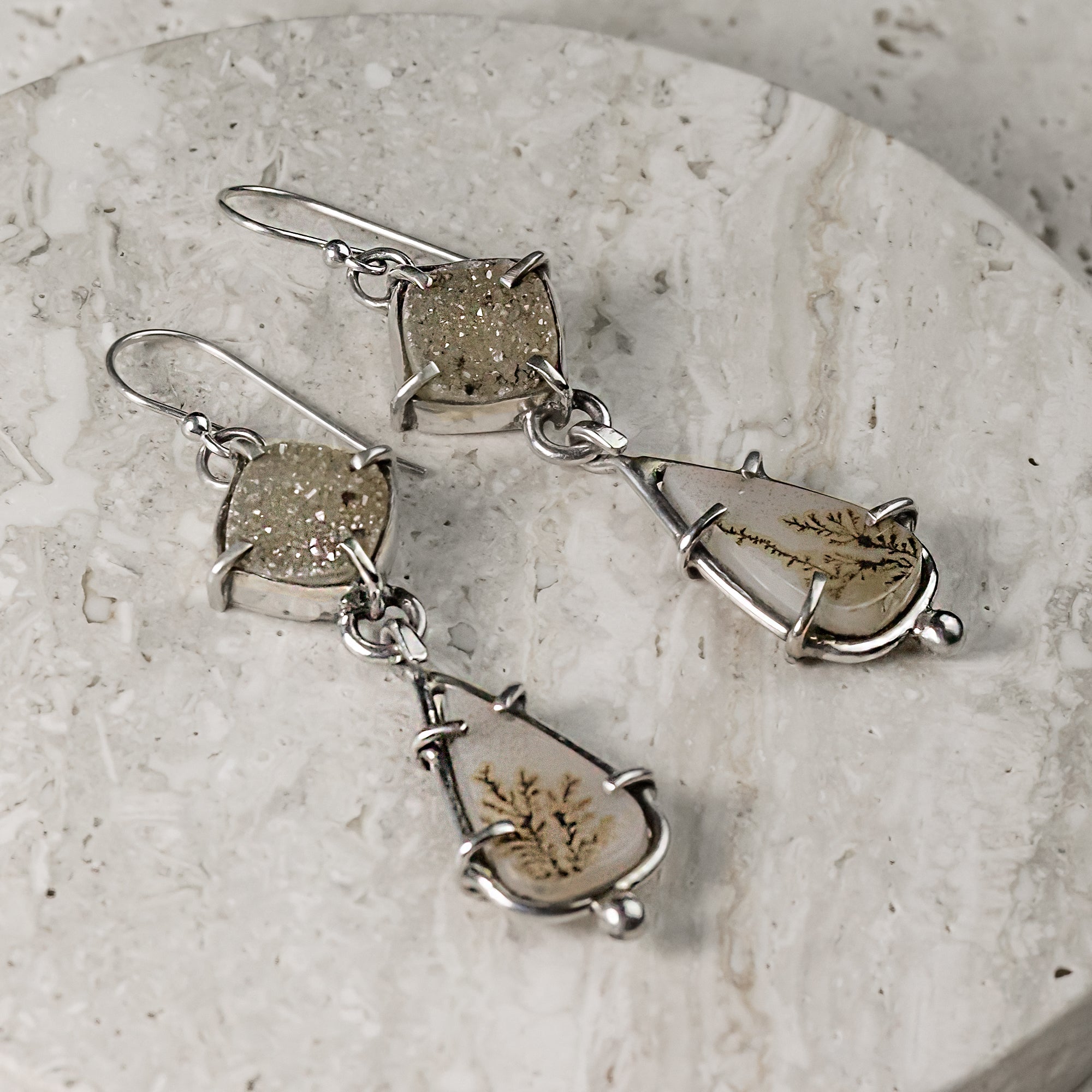 Dendritic Agate and Drusy Sterling Silver Earrings