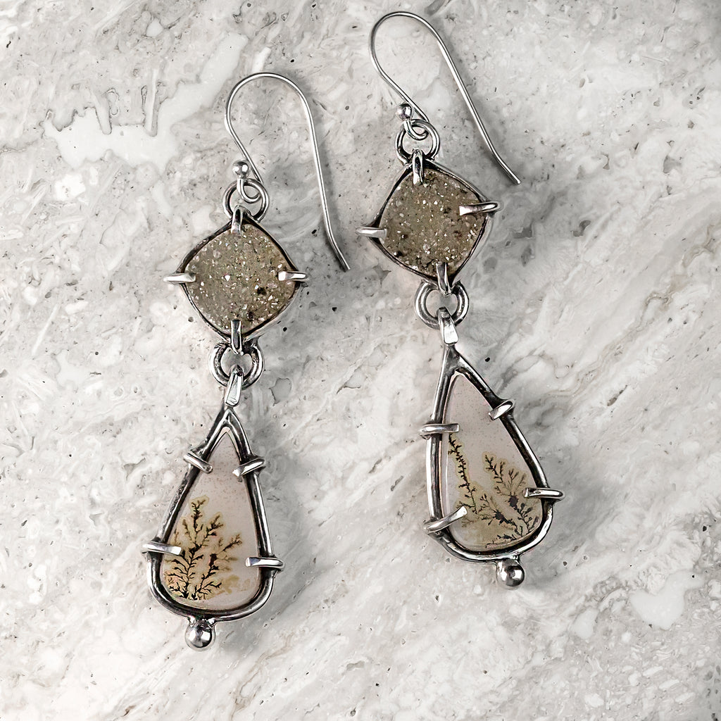 Dendritic Agate and Drusy Sterling Silver Earrings