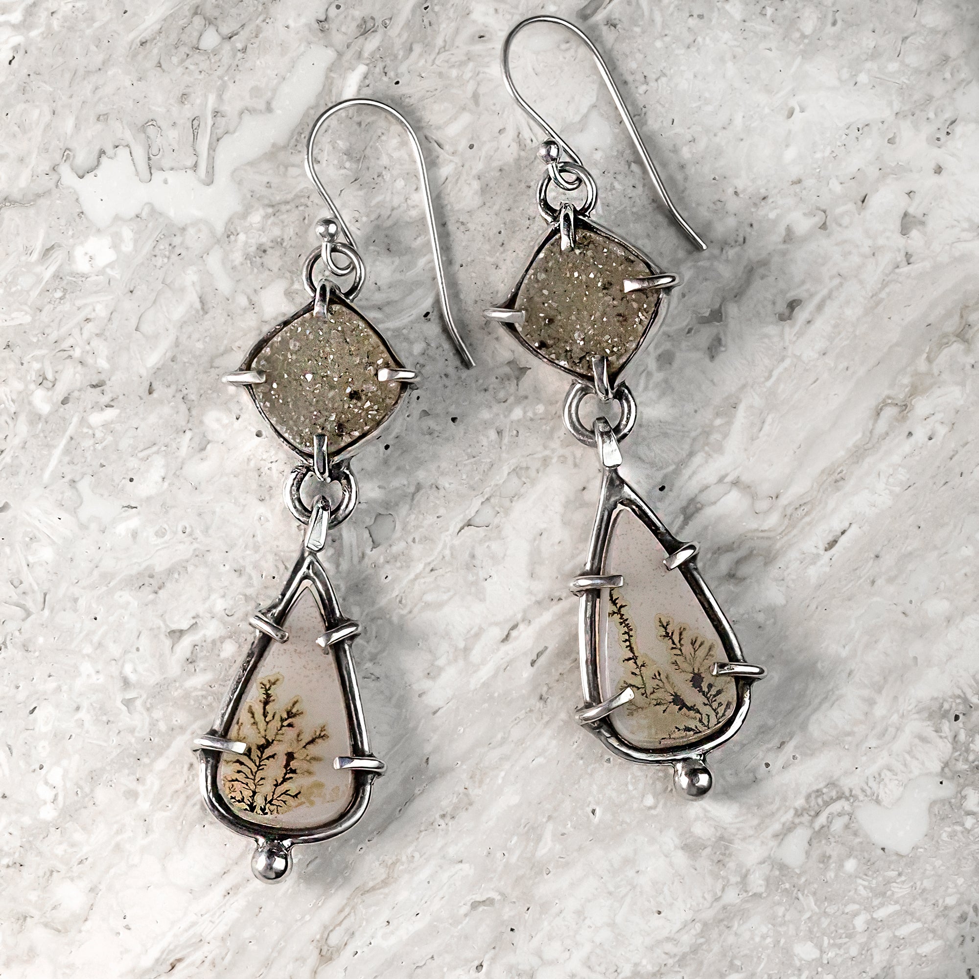 Dendritic Agate and Drusy Sterling Silver Earrings
