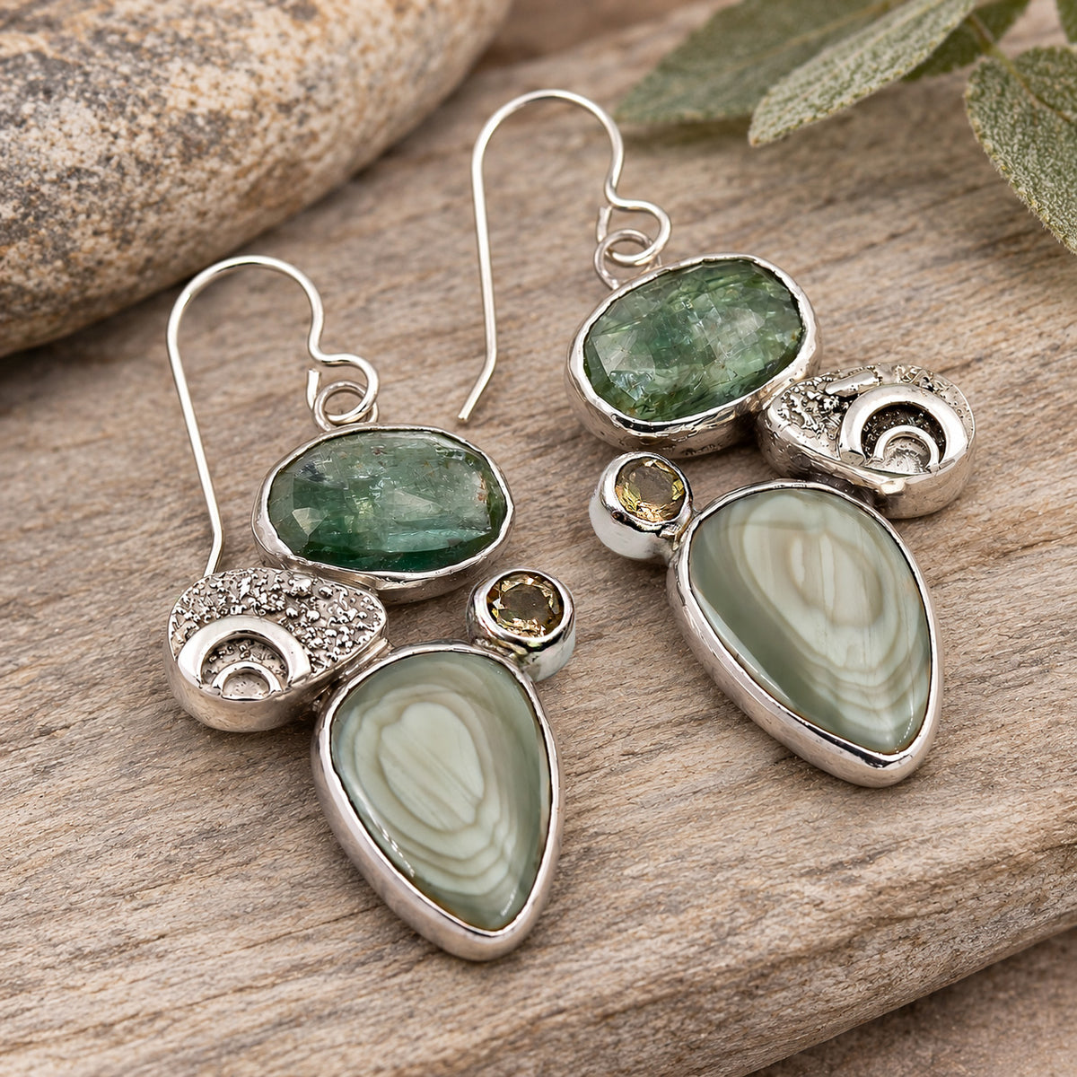 Sterling silver drop earrings with green jasper, green kyanite, citrine, and crescent details