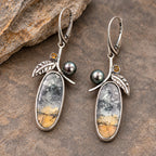 Sterling silver drop earrings with oval Maligano jasper, dark pearls, citrine accents and leaf details