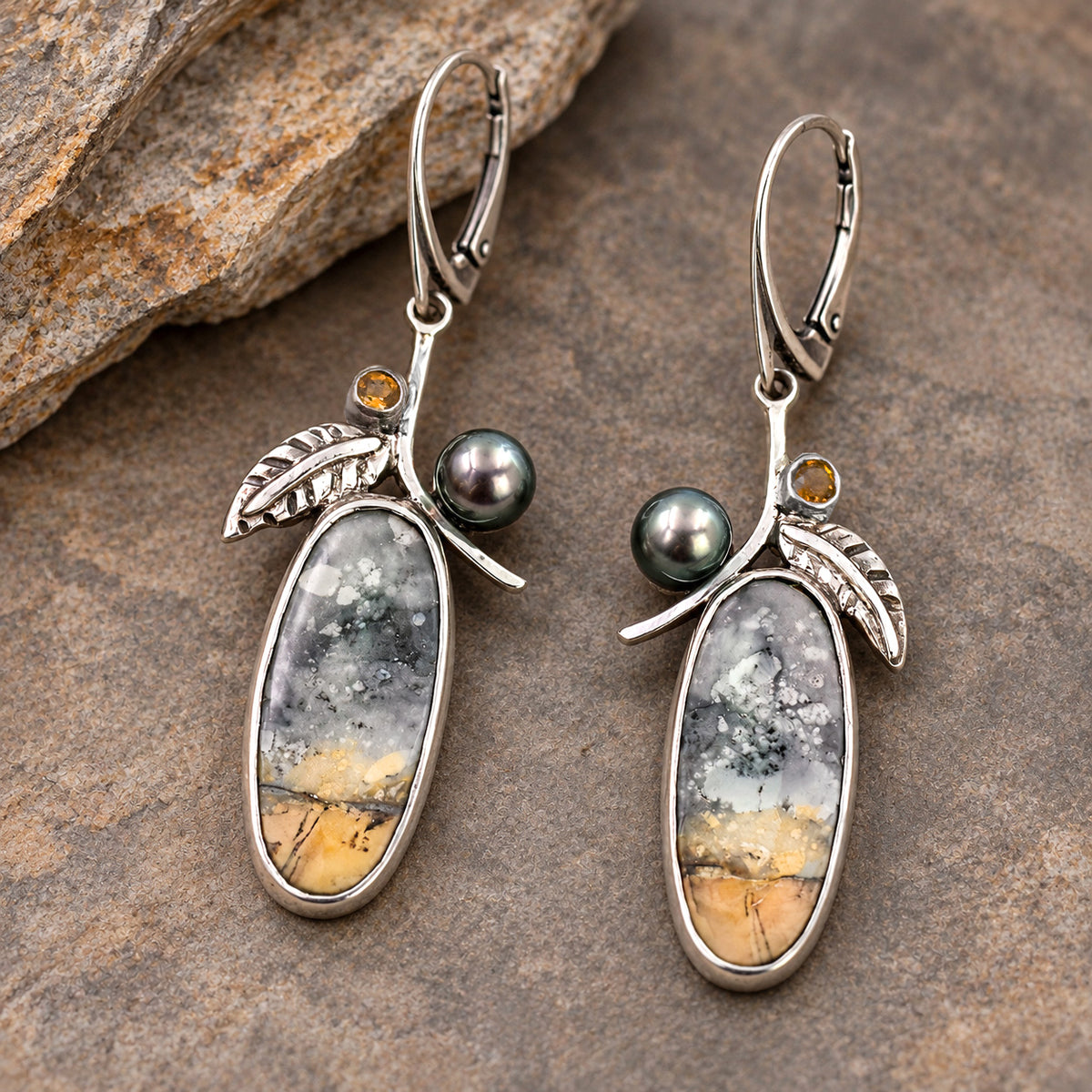 Sterling silver drop earrings with oval Maligano jasper, dark pearls, citrine accents and leaf details