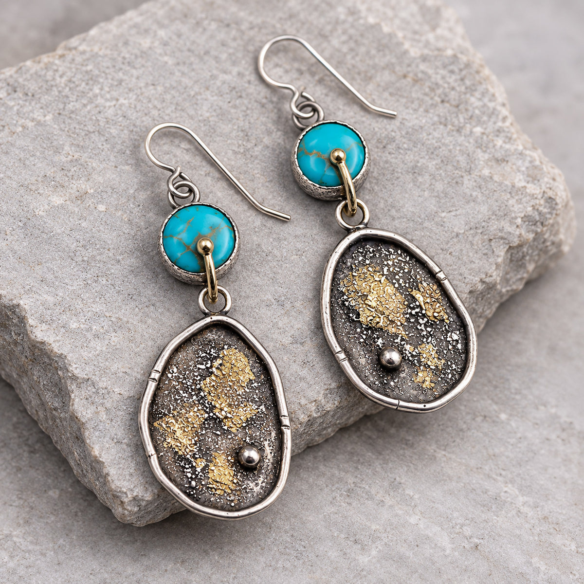 Turquoise and drusy oval drop earrings in sterling silver with dangle hooks