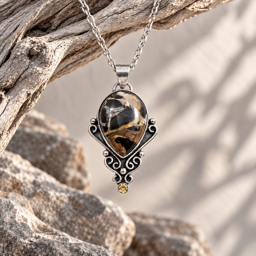 Sterling silver necklace with teardrop jasper pendant and round citrine accent, chain links