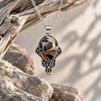 Sterling silver necklace with teardrop jasper pendant and round citrine accent, chain links