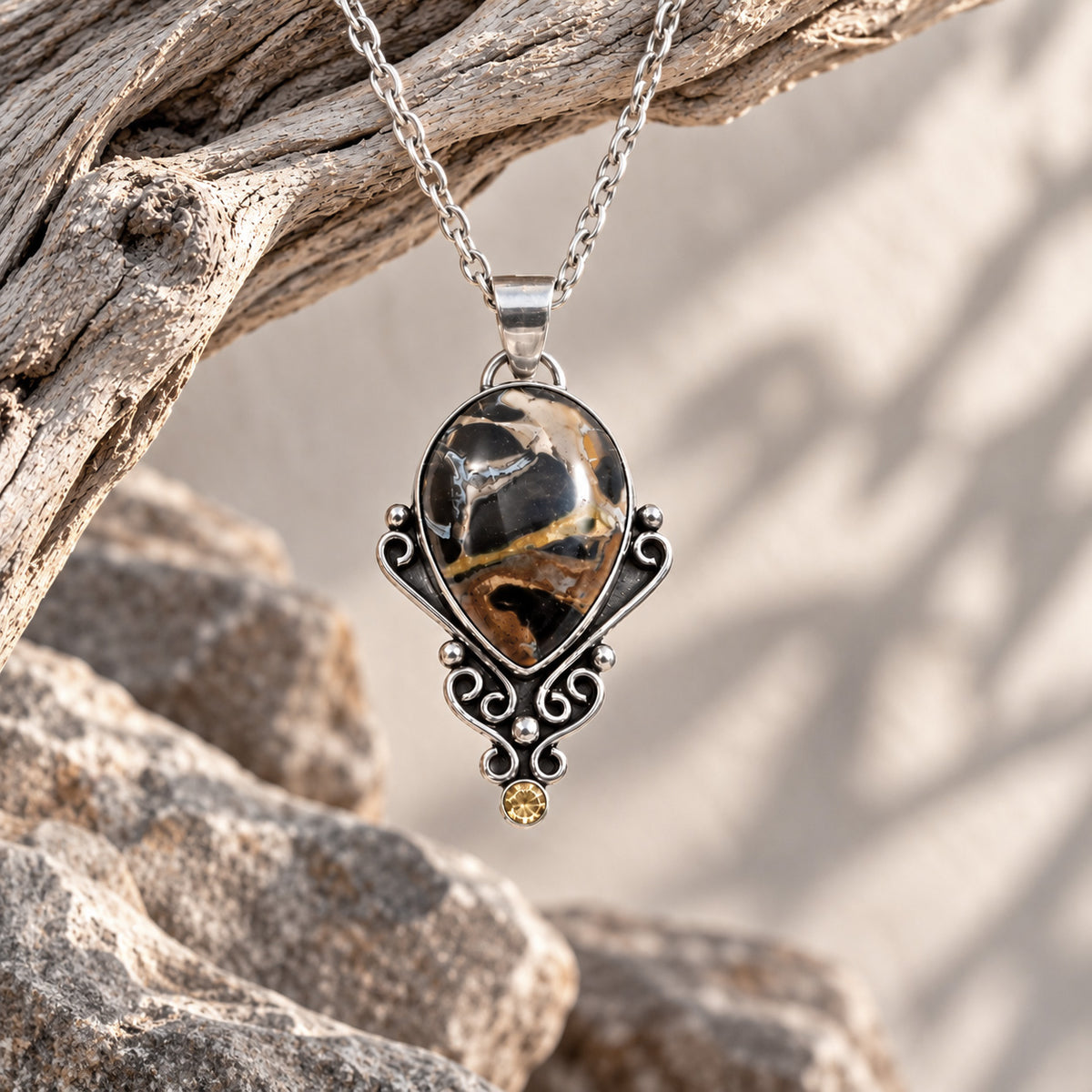Sterling silver necklace with teardrop jasper pendant and round citrine accent, chain links