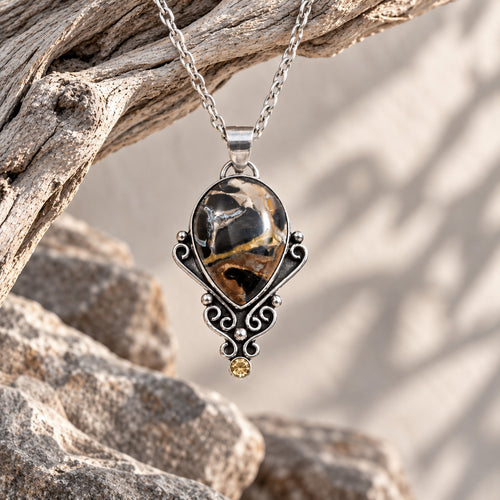 Sterling silver necklace with teardrop jasper pendant and round citrine accent, chain links