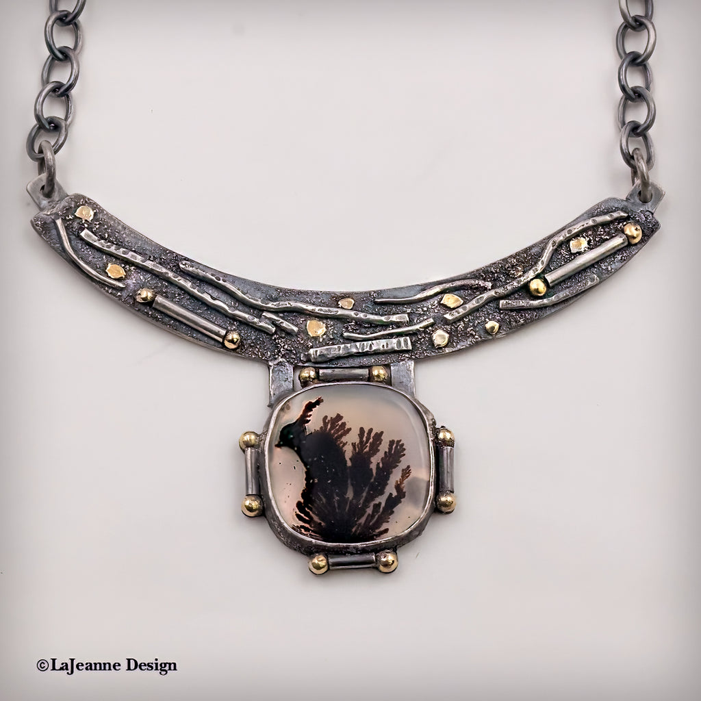 Sterling silver collar necklace with curved bar setting and dendritic agate centerpiece