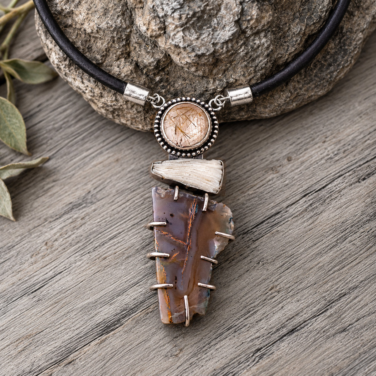 Gemstone pendant necklace: round cabochon, dark quartz cluster on black cord
