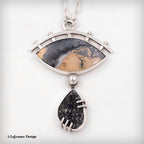 Sterling silver necklace with arched oval jasper drusy centerpiece and black teardrop drusy charm