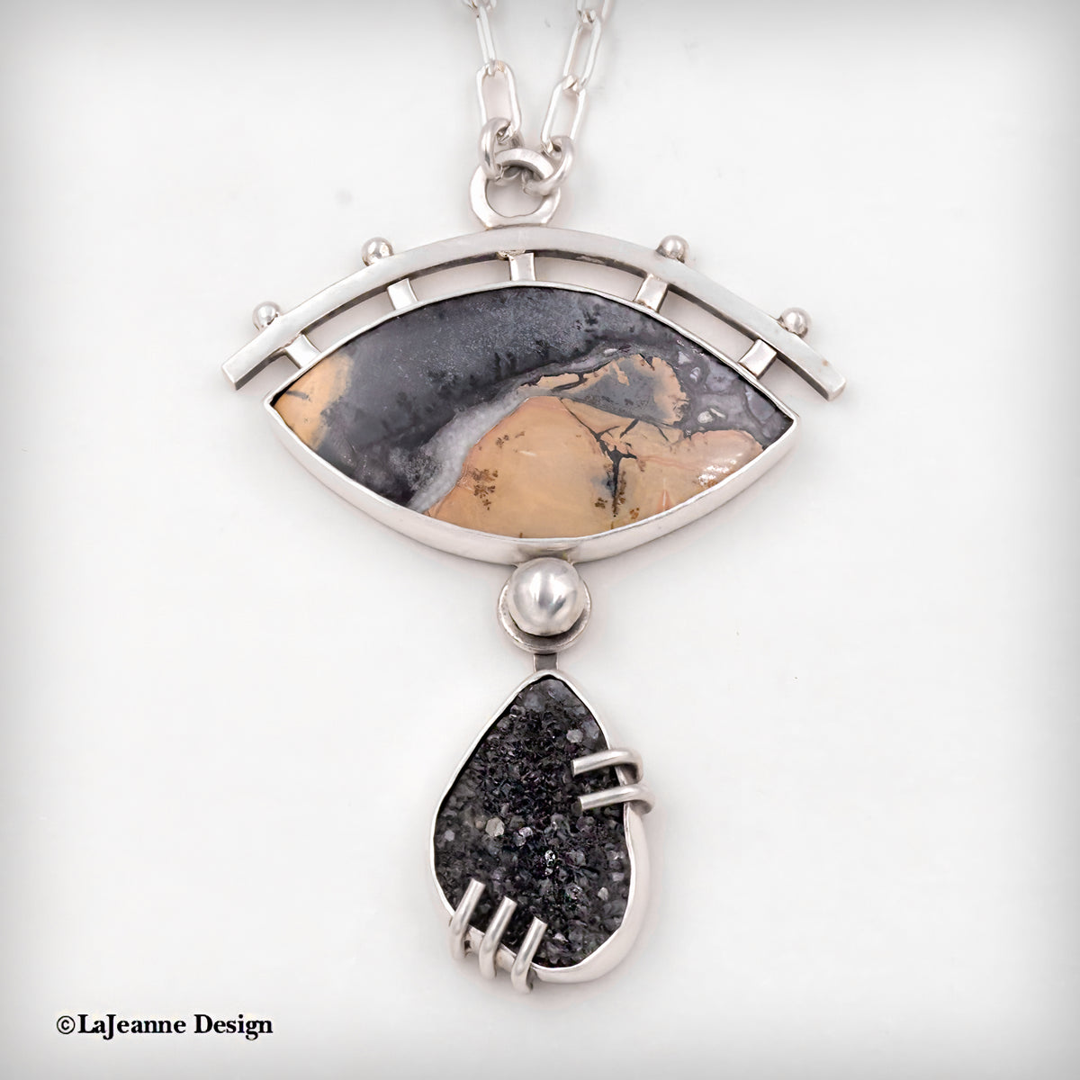 Sterling silver necklace with arched oval jasper drusy centerpiece and black teardrop drusy charm
