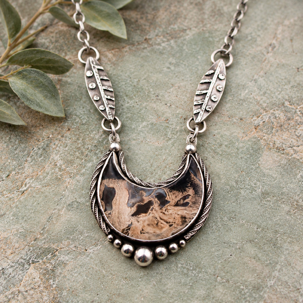 Sterling silver statement necklace with crescent moon pendant and bead fringe