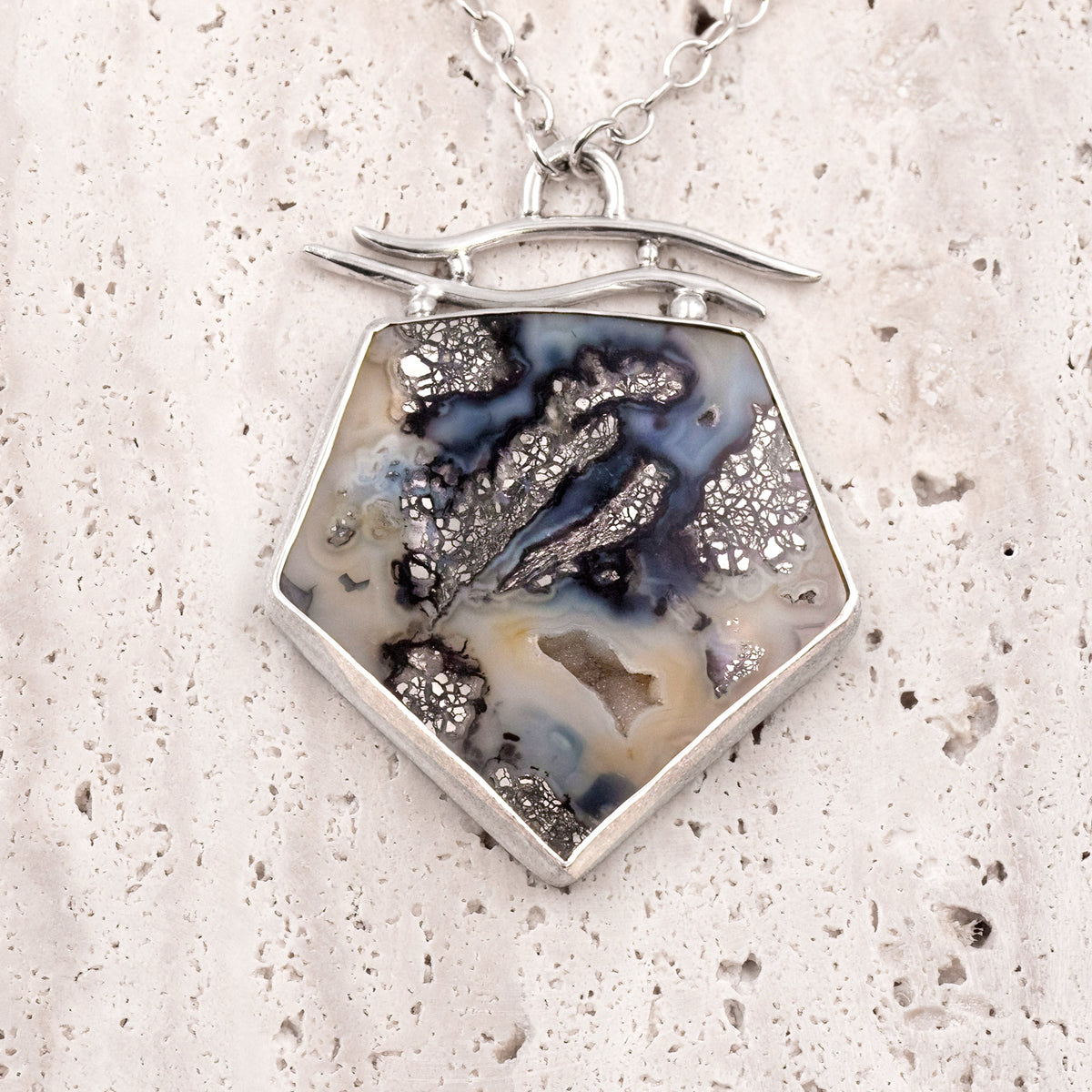 Sterling silver hexagon pendant necklace with blue-black agate and marcasite look, chain