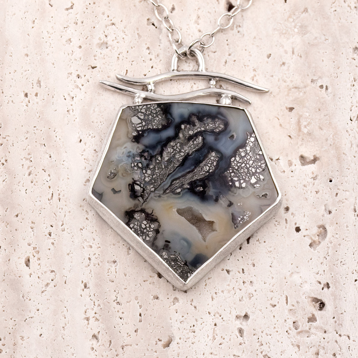 Marcasite & Black Agate Sterling Silver Necklace