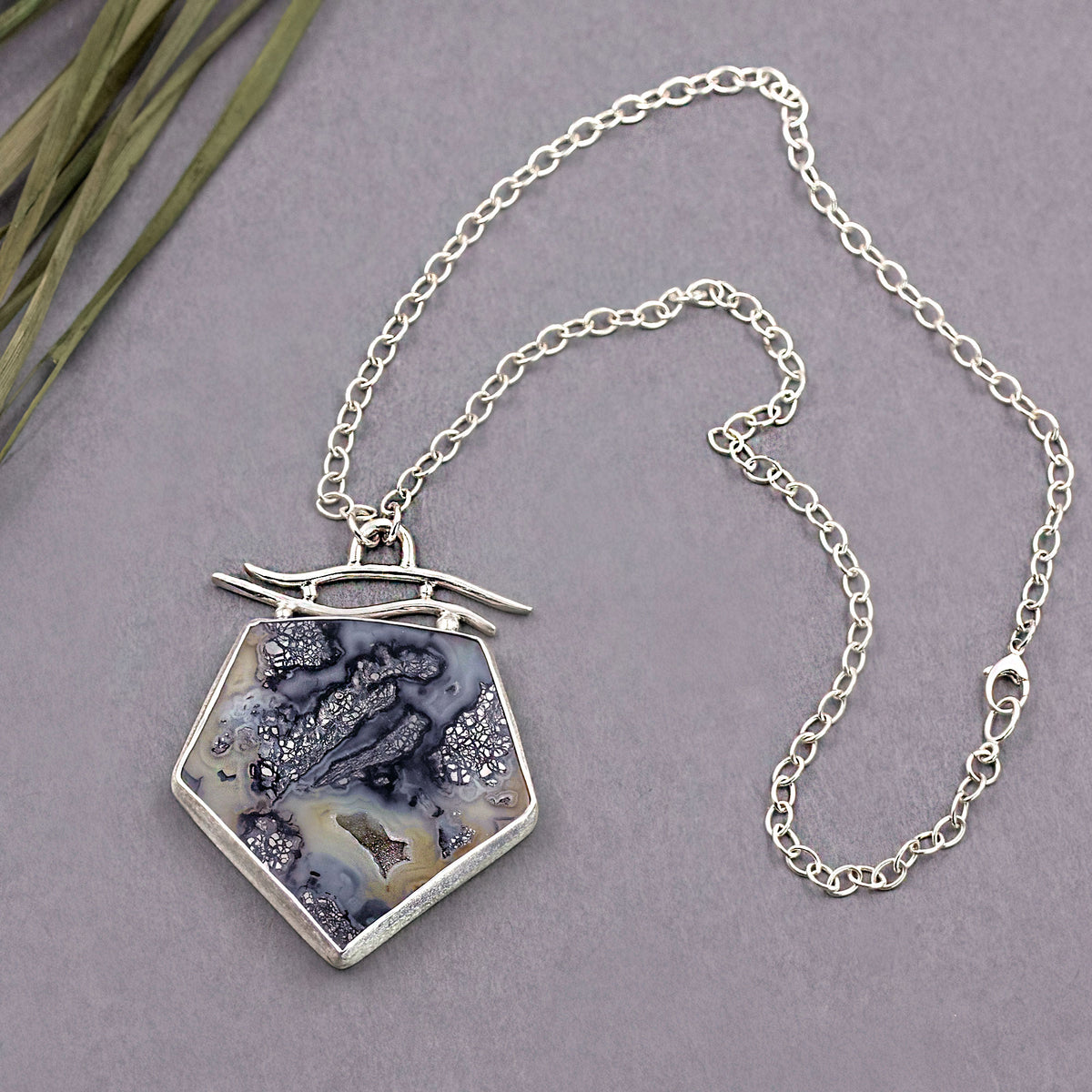 Sterling silver hexagon pendant necklace with blue-black agate and marcasite look, chain