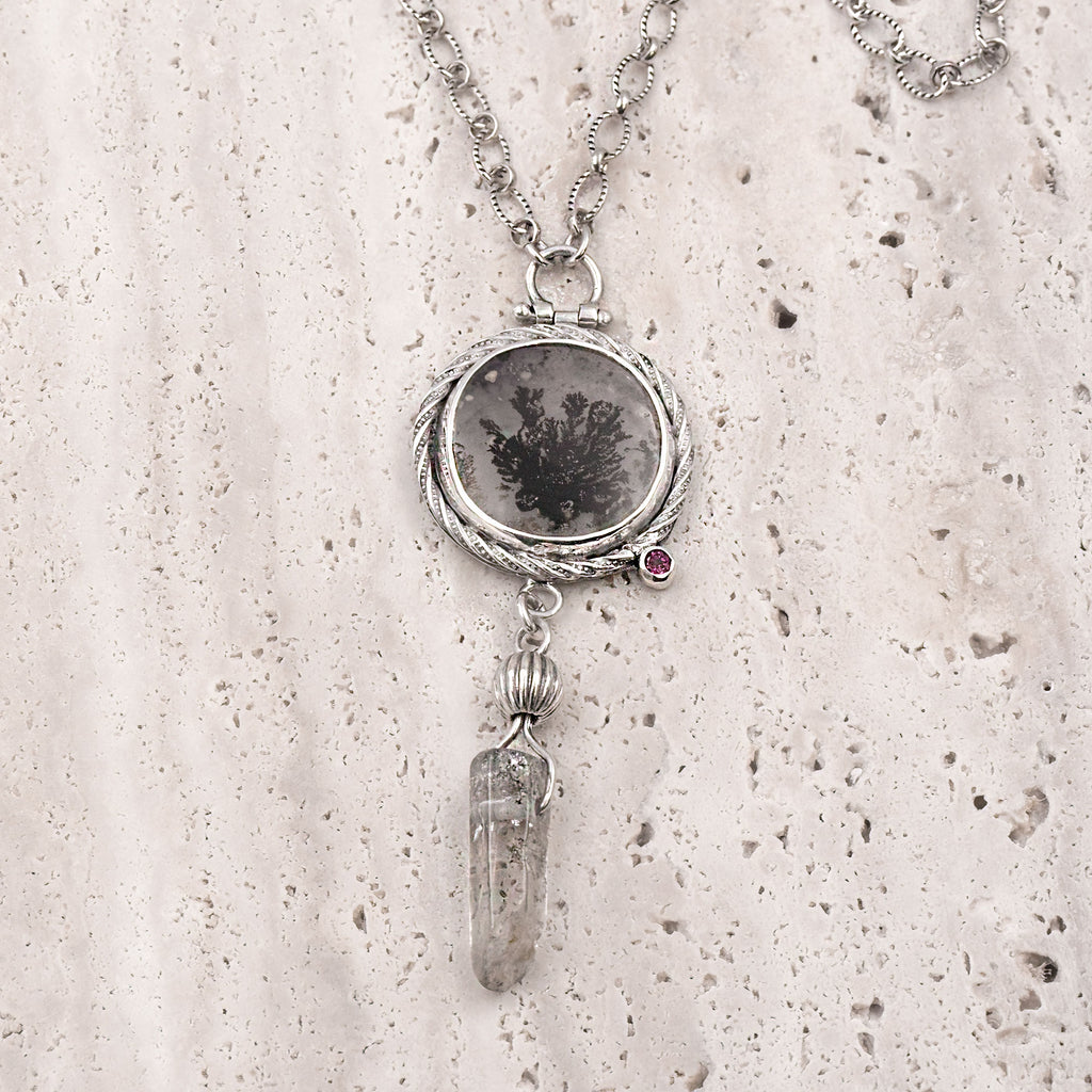 Dendritic Agate & Quartz Crystal Sterling Silver Necklace