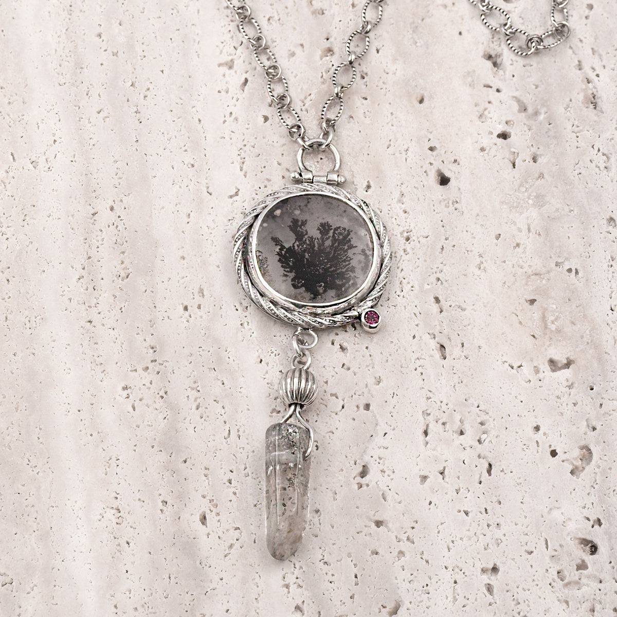 Dendritic Agate & Quartz Crystal Sterling Silver Necklace