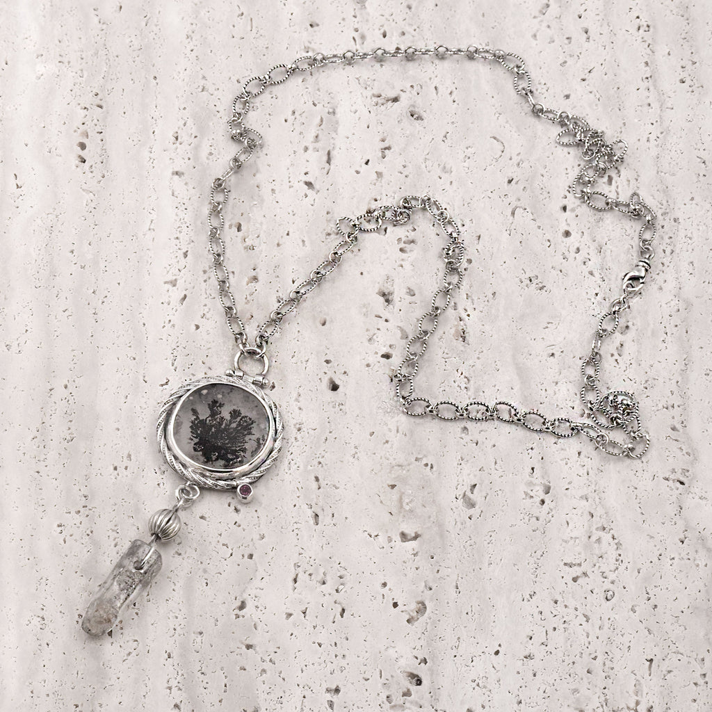 Dendritic Agate & Quartz Crystal Sterling Silver Necklace