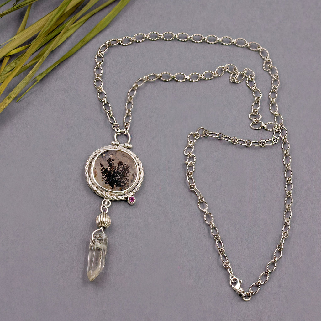 Dendritic Agate & Quartz Crystal Sterling Silver Necklace