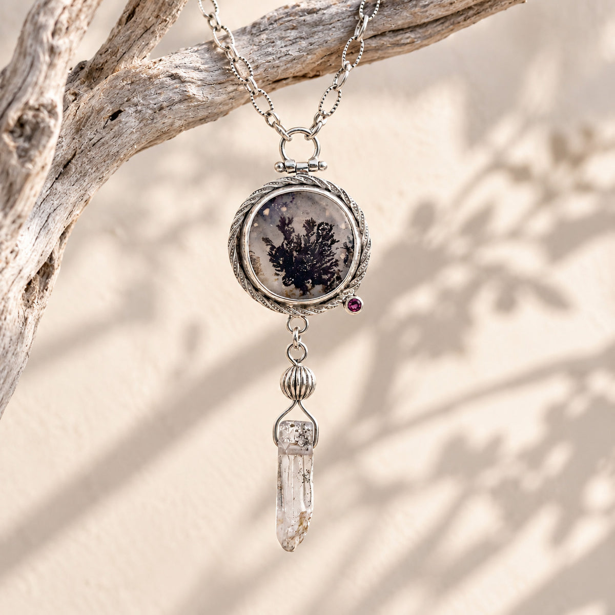 Sterling silver necklace: round dendritic agate pendant with quartz crystal drop