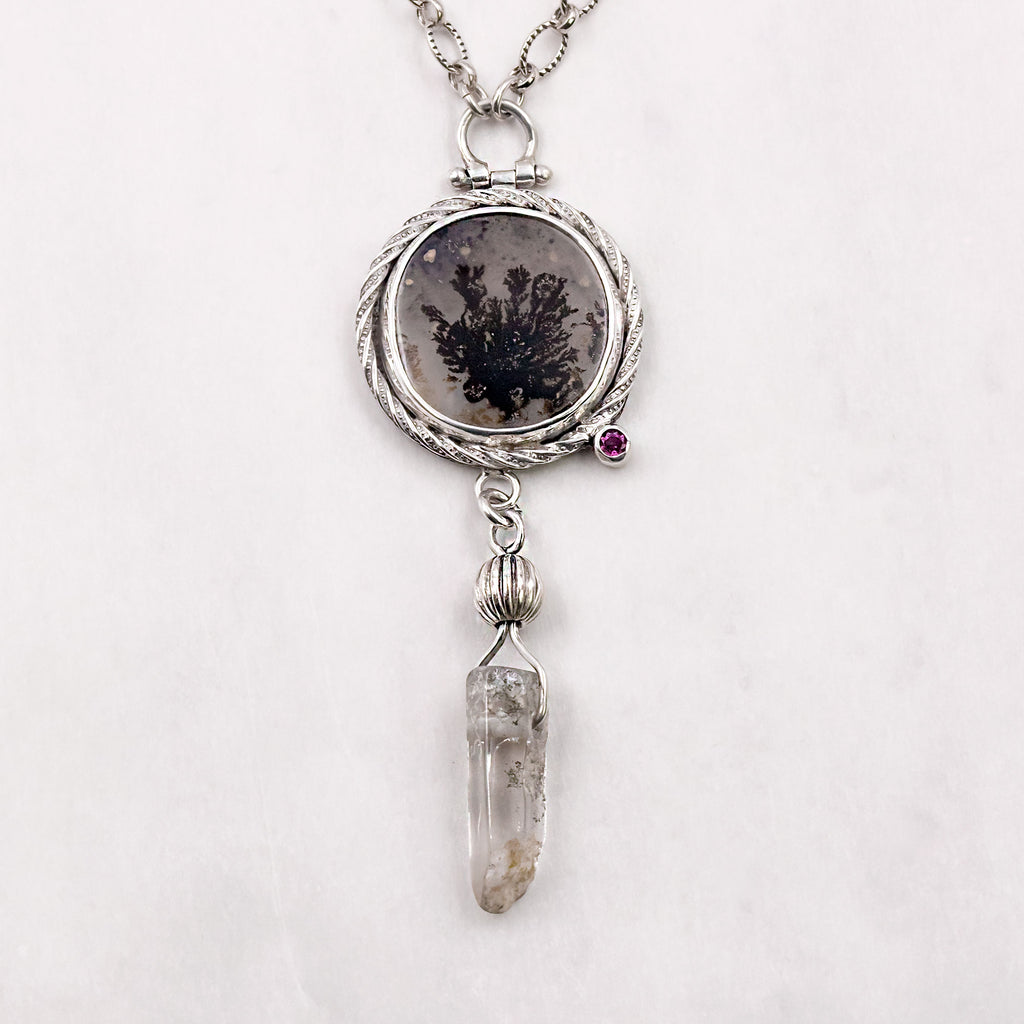 Dendritic Agate & Quartz Crystal Sterling Silver Necklace