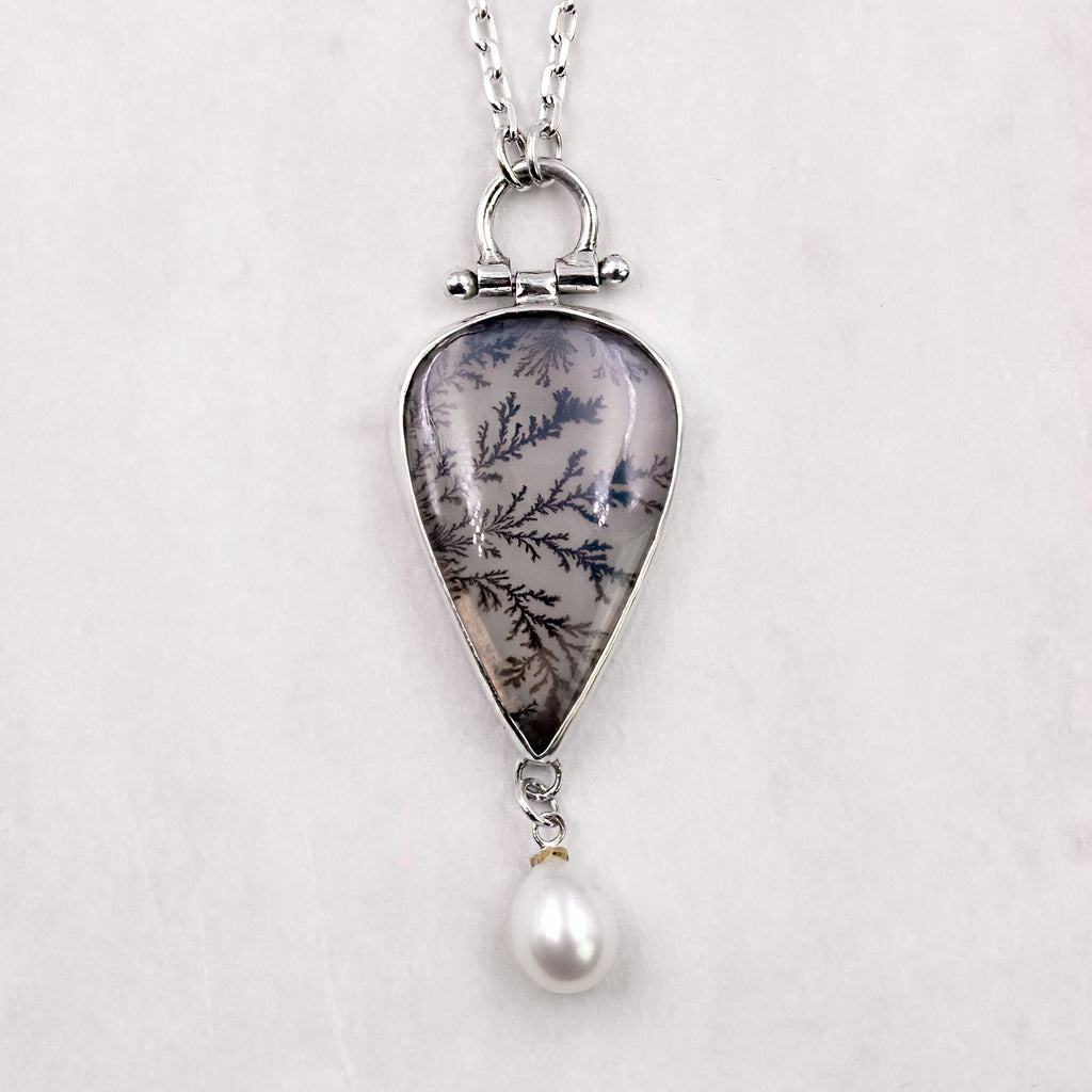 Dendritic Agate & Freshwater Pearl Sterling Silver Necklace
