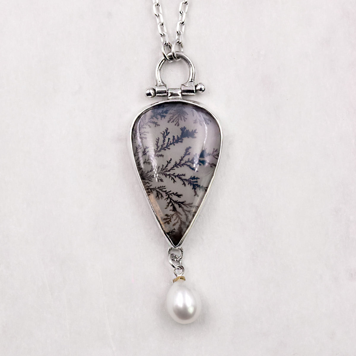 Dendritic Agate & Freshwater Pearl Sterling Silver Necklace