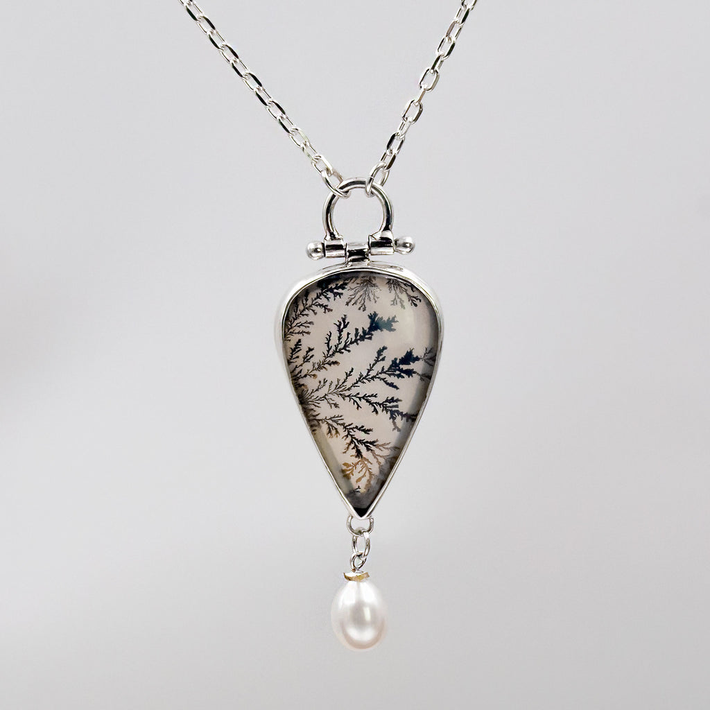 Dendritic Agate & Freshwater Pearl Sterling Silver Necklace