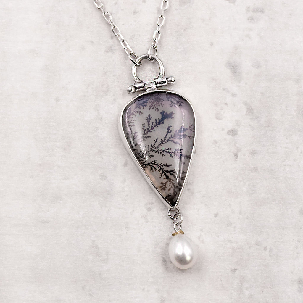 Dendritic Agate & Freshwater Pearl Sterling Silver Necklace