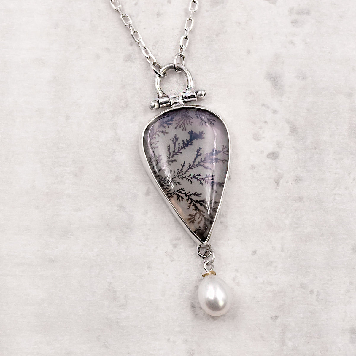Dendritic Agate & Freshwater Pearl Sterling Silver Necklace