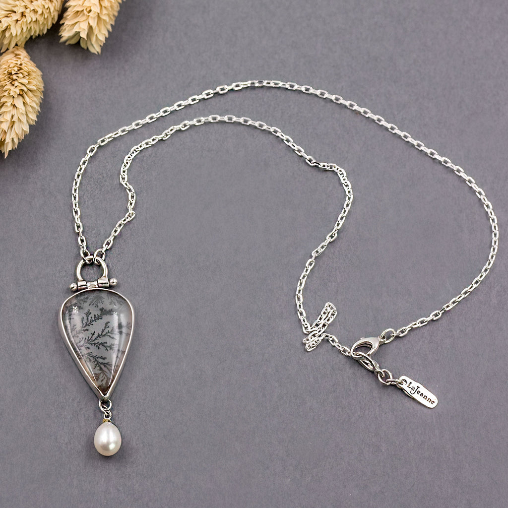 Dendritic Agate & Freshwater Pearl Sterling Silver Necklace